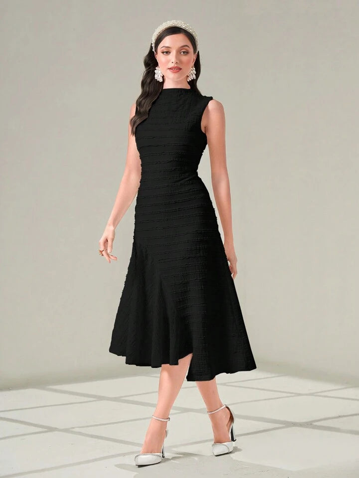 CM-DS201110 Women Casual Seoul Style Solid Color Stand Collar Sleeveless Midi Dress - Black
