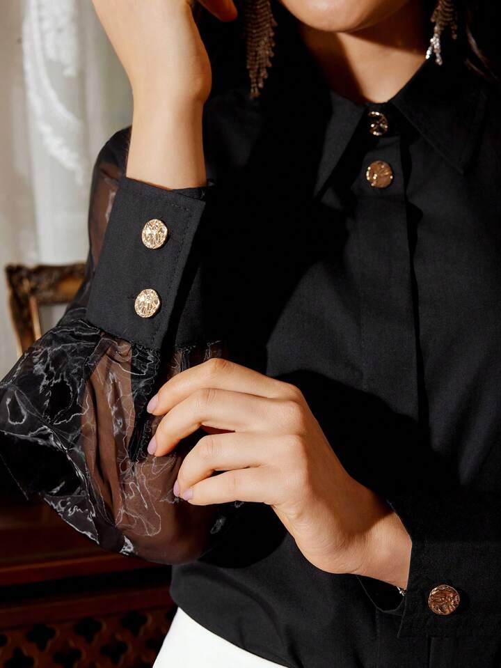 CM-TS940538 Women Casual Seoul Style Chiffon Patchwork Long Sleeve Shirt - Black