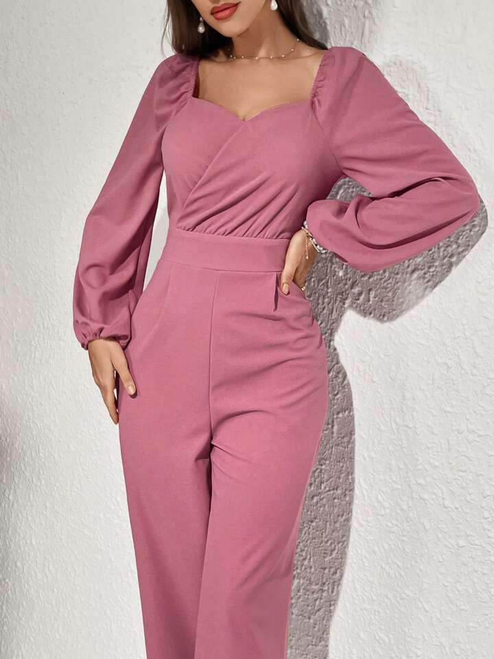 CM-JS298299 Women Elegant Seoul Style High Neck Lantern Sleeve Jumpsuit - Pink