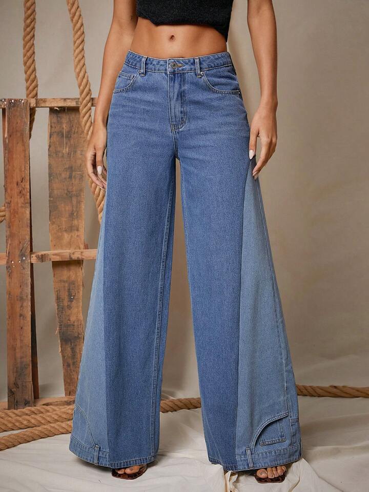 CM-BS105007 Women Casual Seoul Style Loose Pockets Extra Long Wide Leg Jeans - Blue