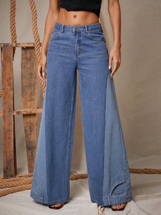 CM-BS105007 Women Casual Seoul Style Loose Pockets Extra Long Wide Leg Jeans - Blue