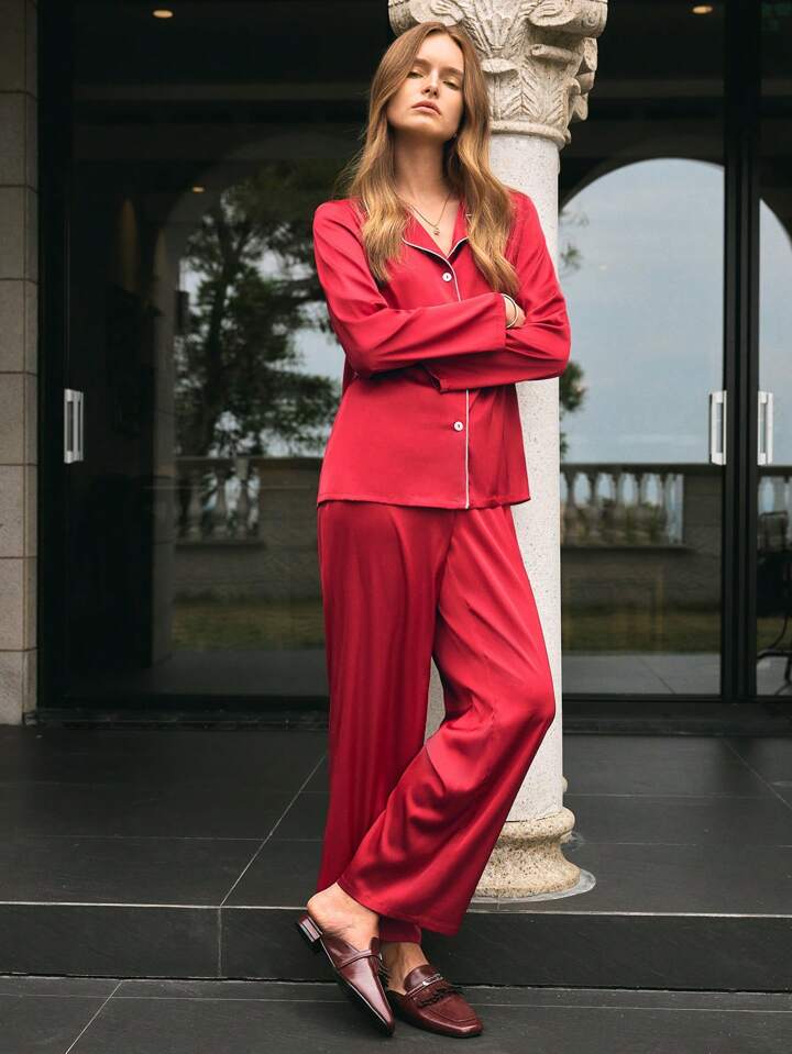CM-LS953056 Women Trendy Seoul Style Solid Color Front Button Long Sleeve Pajamas Set - Red