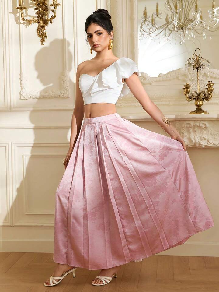 CM-BS810216 Women Elegant Seoul Style High Waist Satin Floral Texture Fabric Pleated A-Line Midi Skirt - Pink