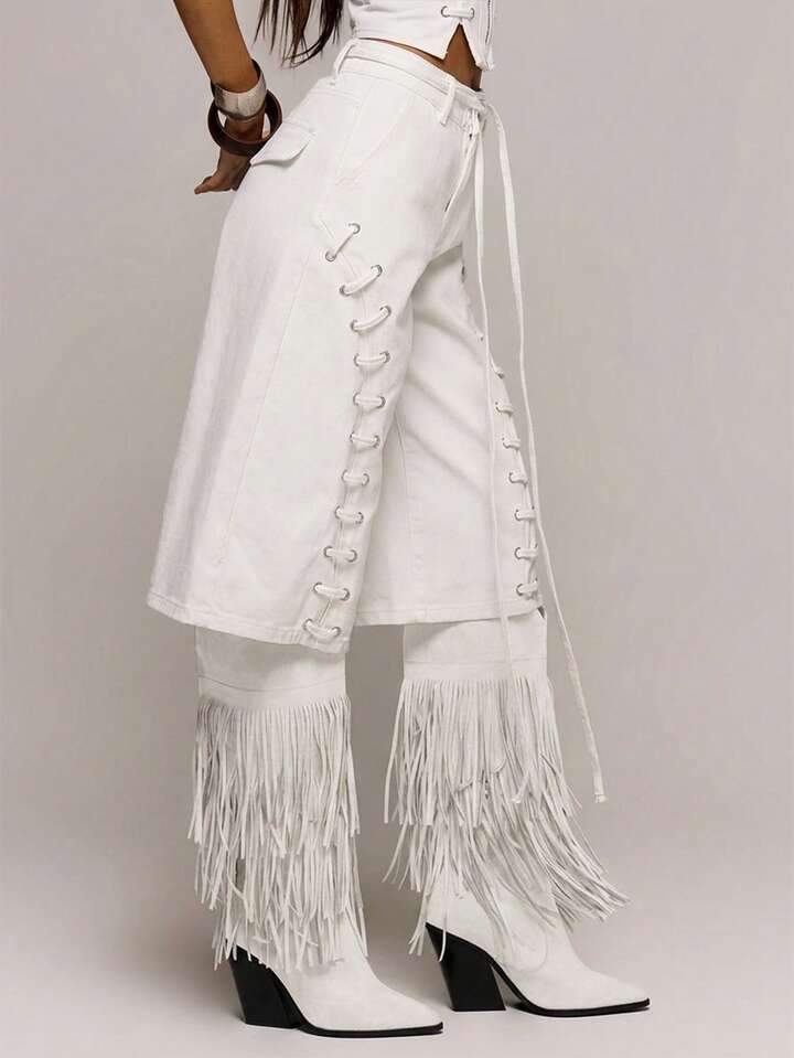 CM-BS282597 Women Casual Seoul Style Low Waist Eyelet Lace Up Loose Fit Denim Jorts - White
