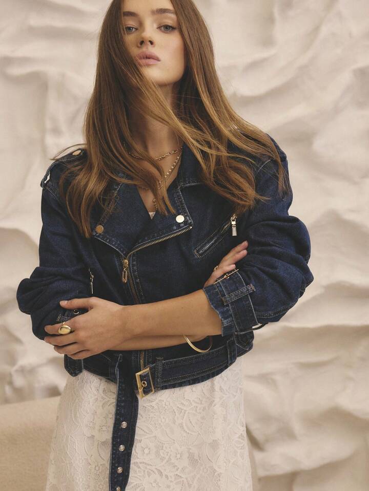 CM-CS992784 Women Casual Seoul Style Medium Wash Long Sleeve Cropped Denim Biker Jacket With Gold Trim Details