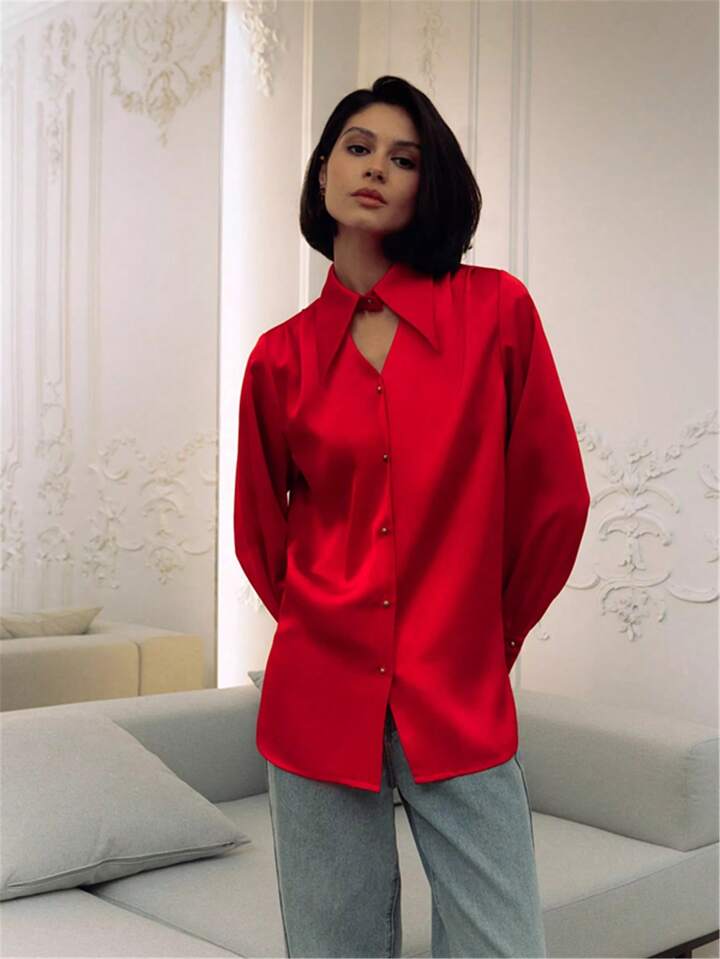 CM-TS338316 Women Elegant Seoul Style Open Shirt Collar Long Sleeve Blouse - Red