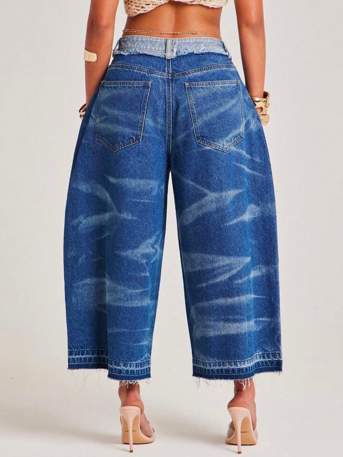 CM-BS065804 Women Casual Seoul Style Medium Wash Cutoff Waistband Baggy Loose Fit Oversized Bermuda Denim Shorts