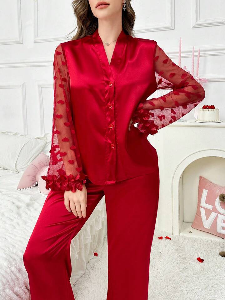 CM-LS535185 Women Trendy Seoul Style 3D Floral Lace Heart Mesh Satin Pajama Set - Red