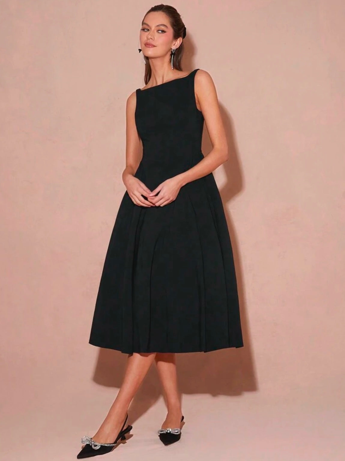 CM-DS132233 Women Elegant Seoul Style Boat Neck Sleeveless Backless A-Line Long Dress - Black