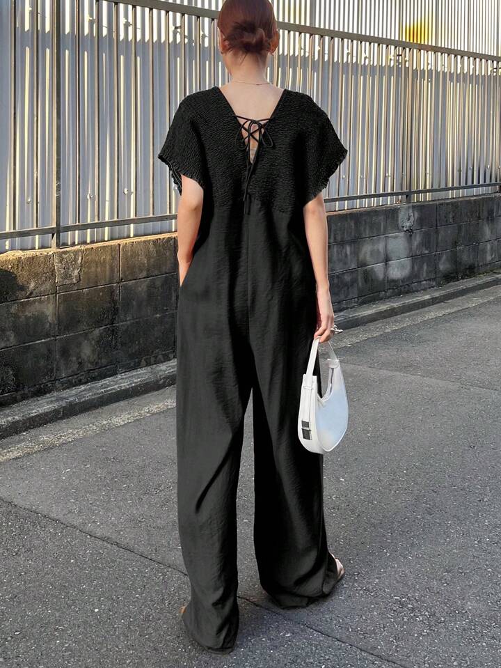 CM-JS610708 Women Trendy Bohemian Style V-Neck With Drawstring Jumpsuit Trousers - Black