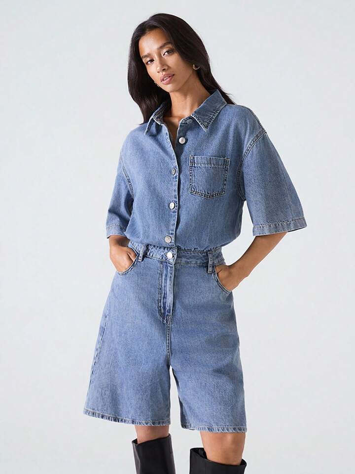CM-JS350635 Women Casual Seoul Style Medium Wash Collar Neckline Short Sleeve Loose Denim Jumpsuit