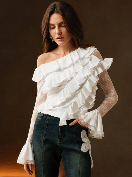 CM-TS404494 Women Elegant Seoul Style Oblique Shoulder Ruffle Patchwork Long Sleeve Mesh Top - White