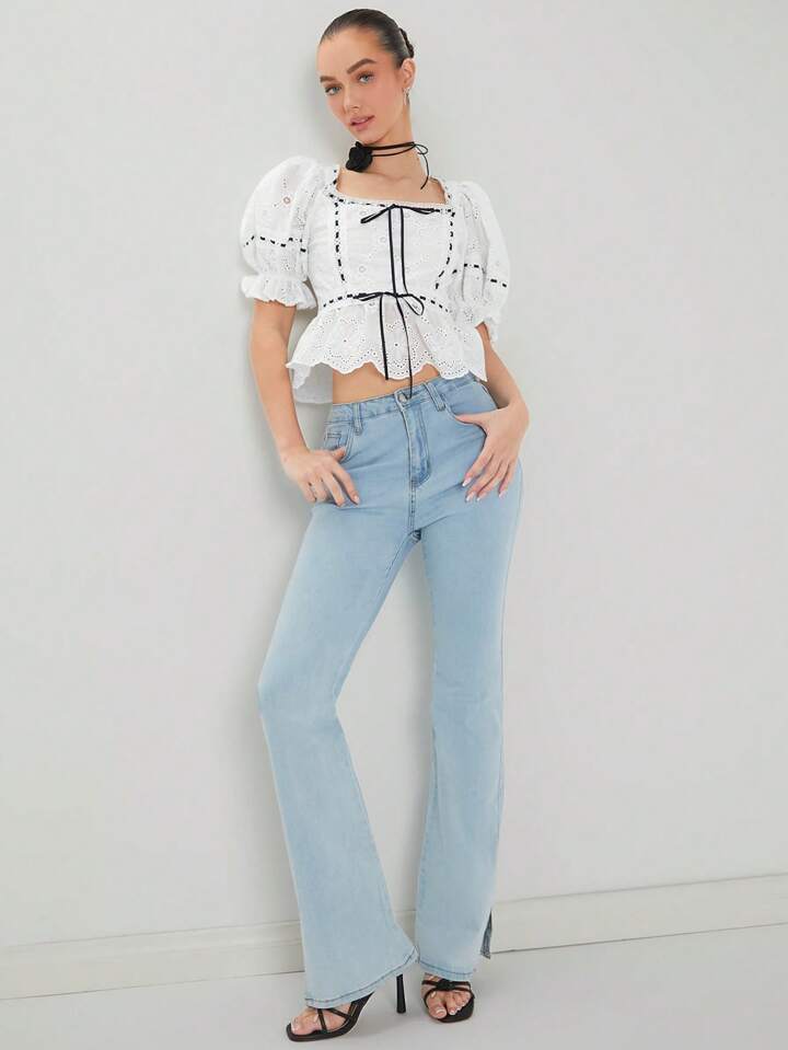 CM-TS202231 Women Trendy Bohemian Style Hollow Out Embroidery Lace Up Square Neck Blouse