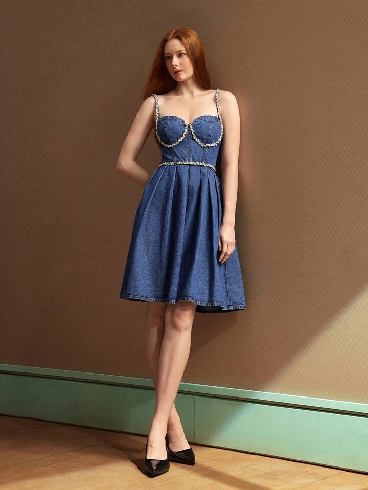 CM-DS808228 Women Elegant Seoul Style Rhinestone Chain Design Sleeveless Denim Mini Dress - Blue