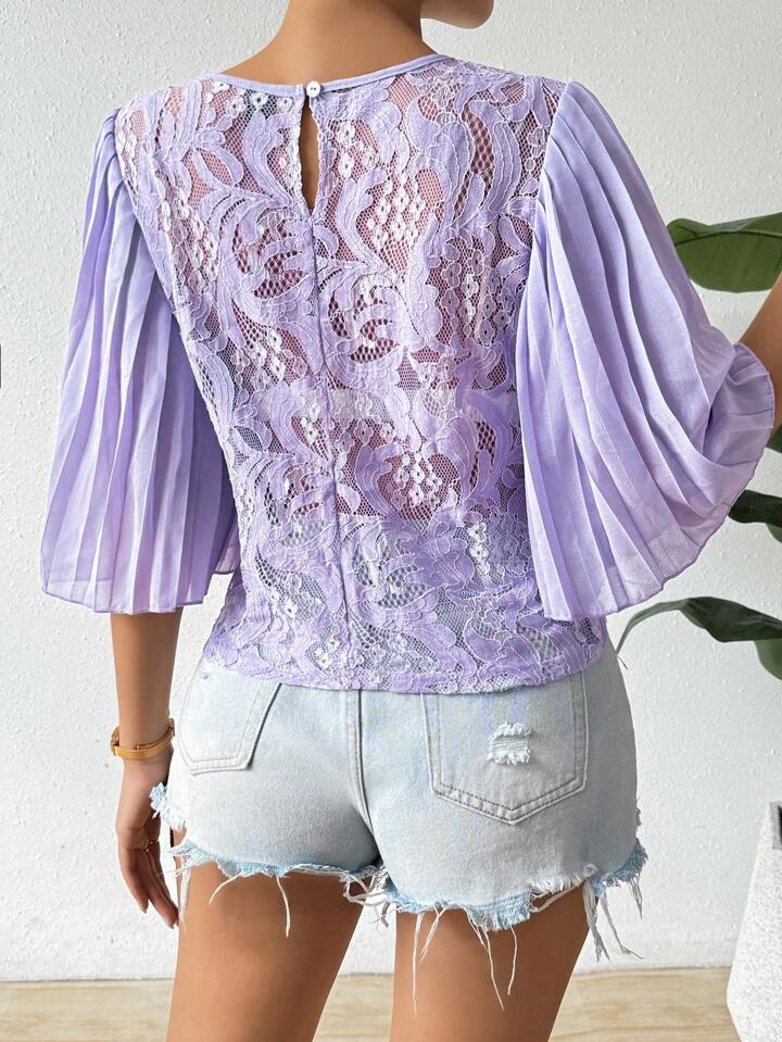 CM-TS558525 Women Trendy Bohemian Style Round Neck Lace Stitching Pleated Sleeves Shirt - Purple