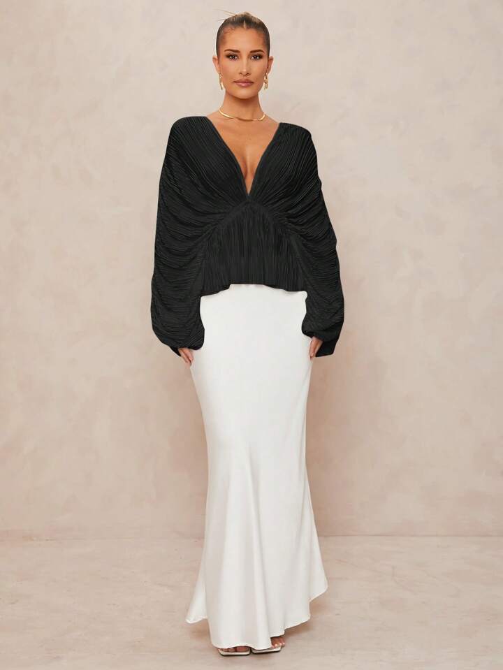 CM-TS291833 Women Elegant Seoul Style Deep V-Neck Oversized Ruffle Sleeves Loose Blouse - Black