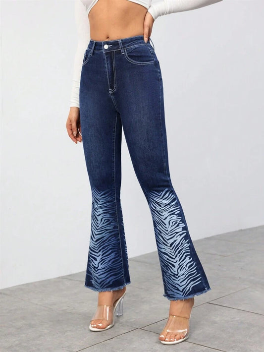 CM-BS661378 Women Casual Seoul Style Medium Wash Printed Flared Leg Pants With Pockets