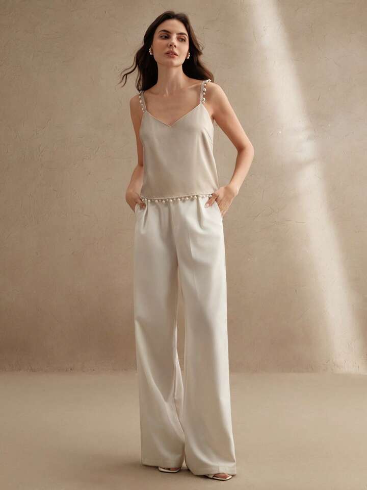 CM-TS466831 Women Elegant Seoul Style Spaghetti Strap Pearl Decor Camisole - Camel