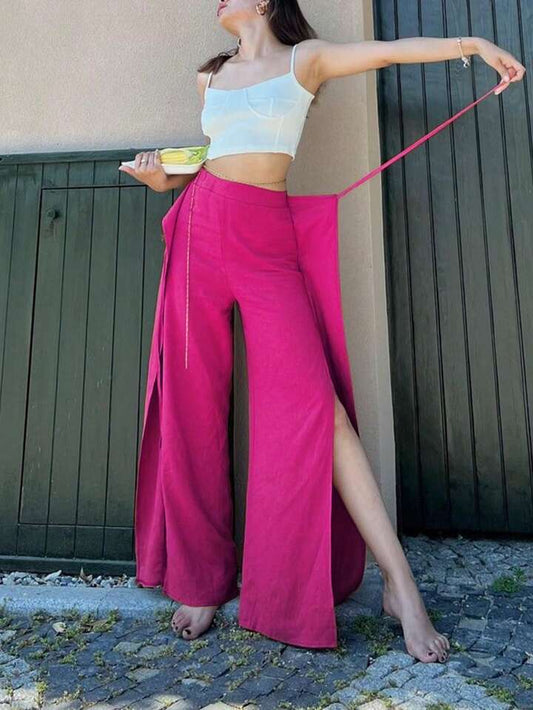 CM-BS148745 Women Trendy Bohemian Style High Silt Straight Leg Pants - Hot Pink