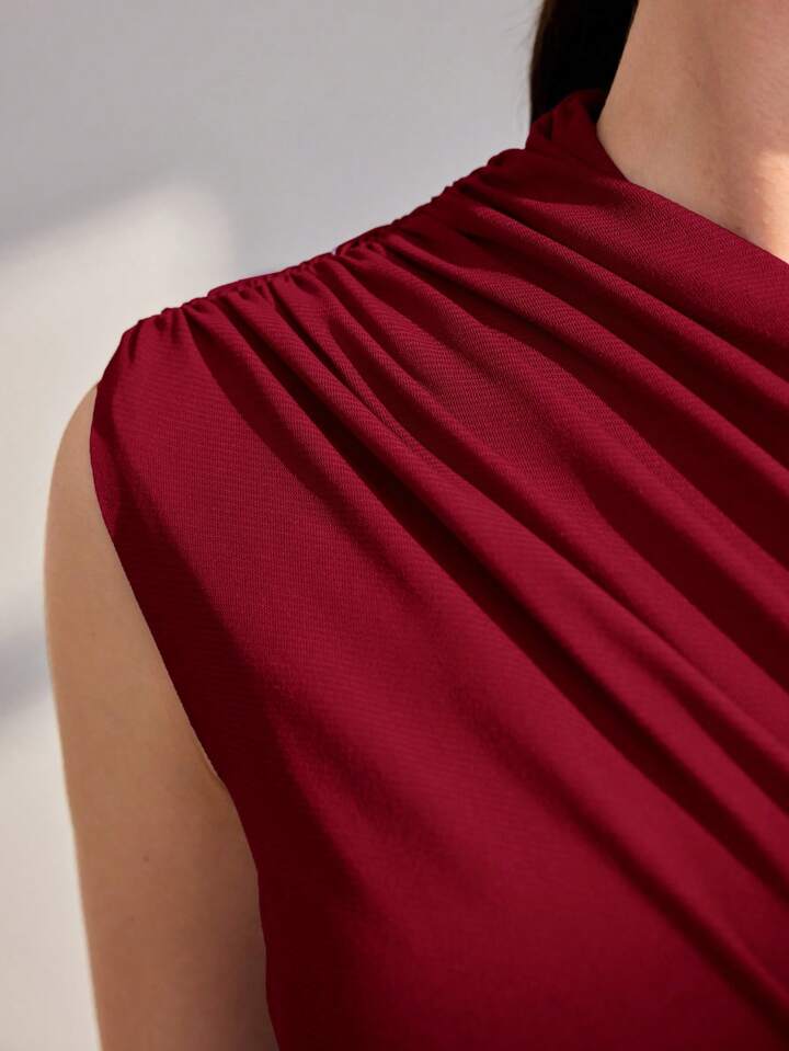 CM-DS858894 Women Elegant Seoul Style Stand Collar Pleated Sleeveless Dress - Burgundy