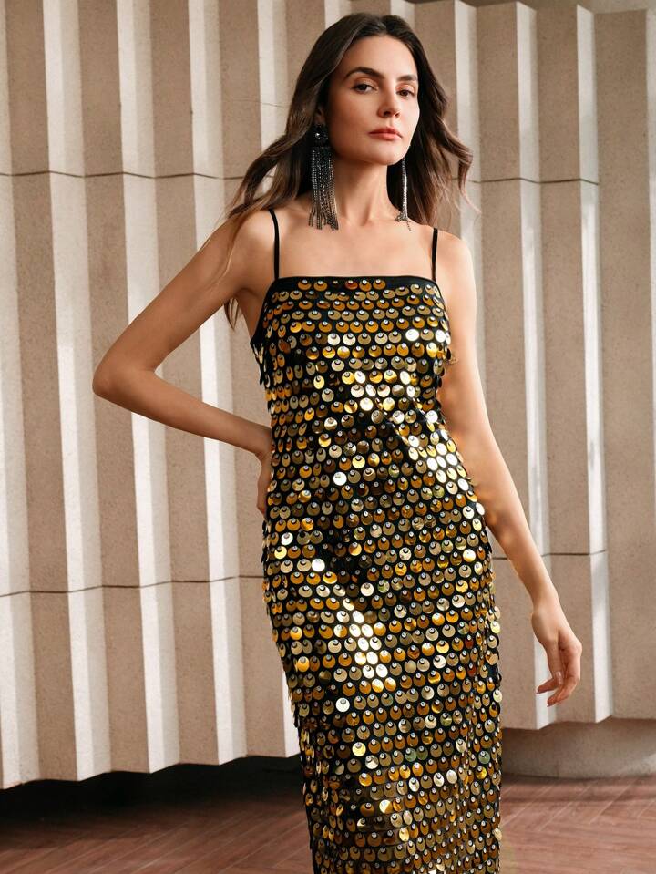 CM-DS214252 Women Elegant Seoul Style Sequined Spaghetti Strap Sleeveless Back Slit Midi Dress
