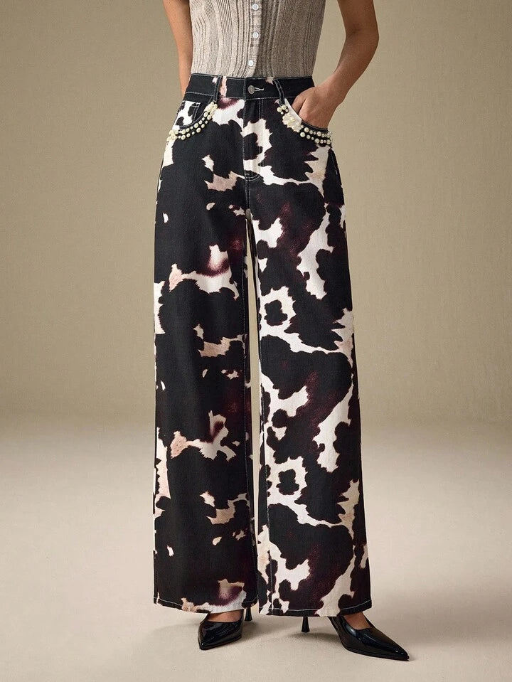 CM-BS448745 Women Casual Seoul Style All-Over Print Elastic Mid Waist Extra Long Straight-Leg Denim Jeans