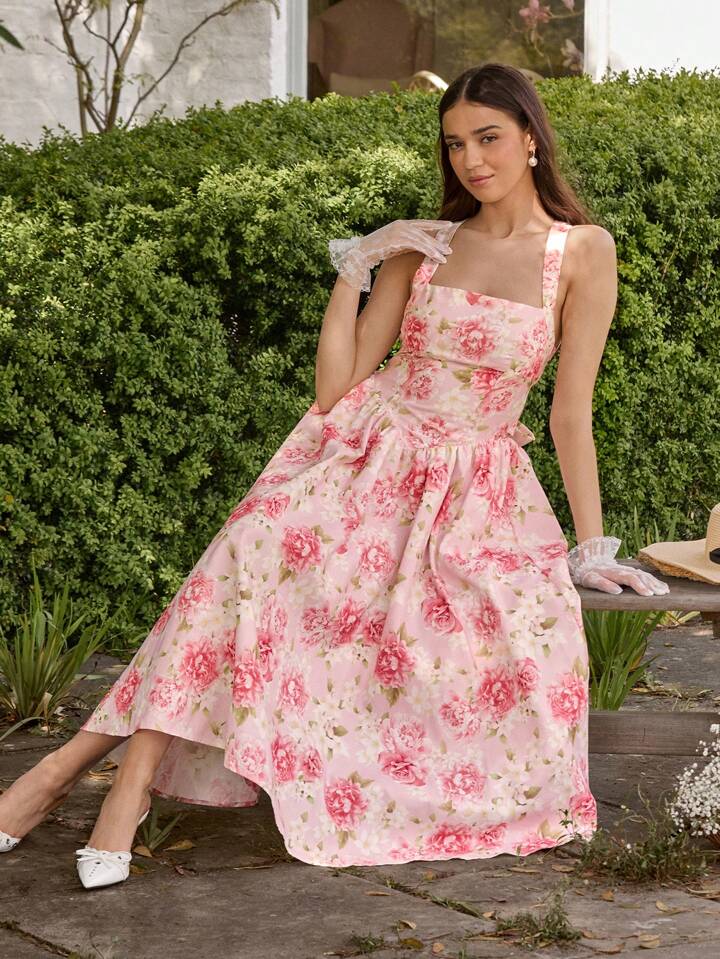CM-DS532932 Women Elegant Seoul Style Floral Print Sleeveless Big Bowknot Backless Long Dress