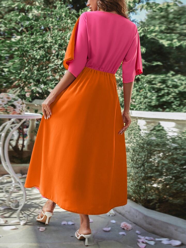CM-DS037507 Women Trendy Bohemian Style Two Tone Twist Front Split Hem Dress