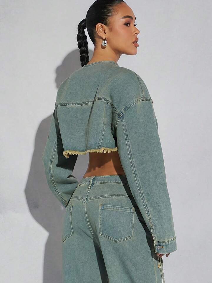 CM-CS074553 Women Casual Seoul Style Light Wash Asymmetrical Hem Frayed Denim Top