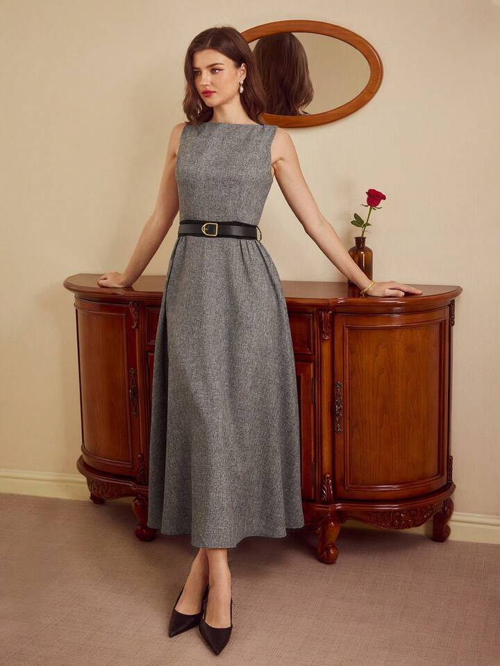CM-DS511370 Women Elegant Seoul Style Fitted Boat Neck Sleeveless Sheath Belted Dress - Gray