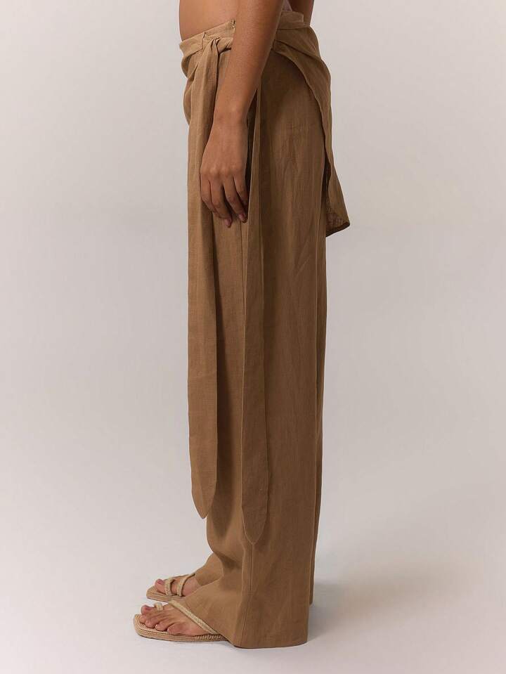 CM-BS115332 Women Trendy Bohemian Style Linen Look Layered Straight Leg Trousers - Brown