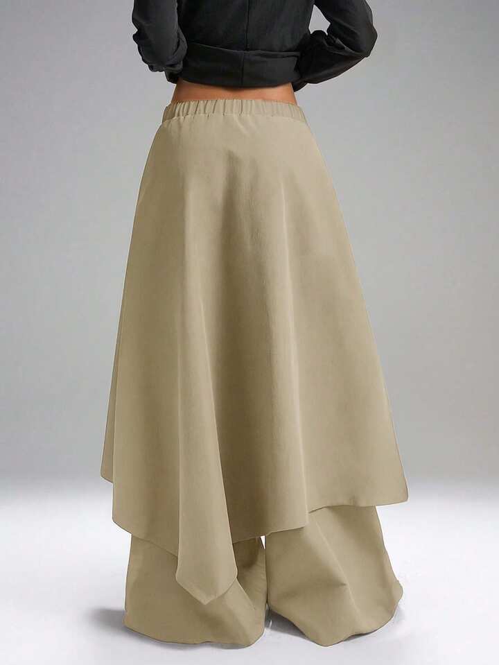 CM-BS133321 Women Casual Seoul Style Mid Waist Solid Color Loose Fit Wide Leg Pants - Khaki