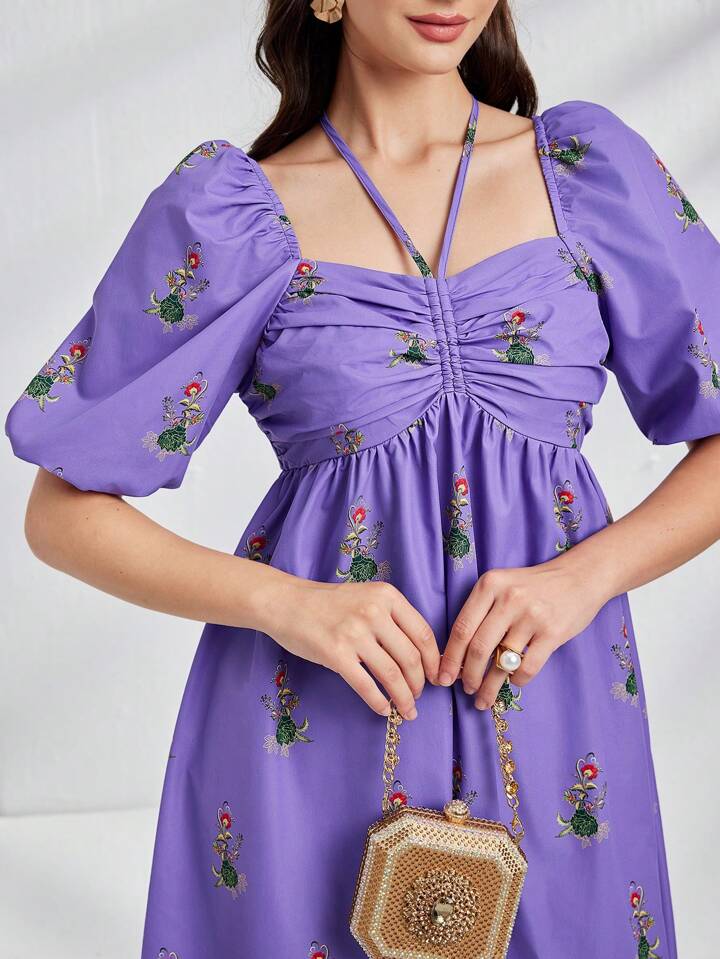 CM-DS444291 Women Casual Seoul Style Floral Print Short Puff Sleeve Long Dress - Purple