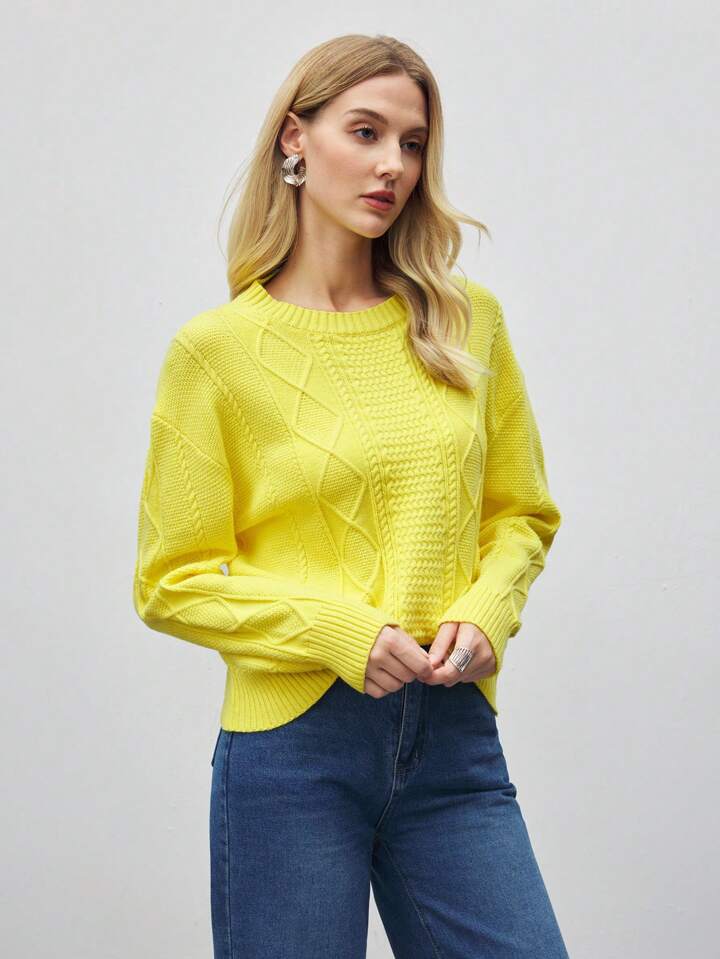 CM-CS511162 Women Casual Seoul Style Round Neck Drop Shoulder Long Sleeve Knit Pullover - Yellow