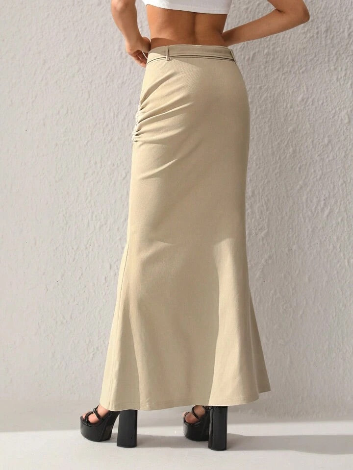 CM-BS726622 Women Elegant Seoul Style Solid Color Long Skirt With Belt - Khaki