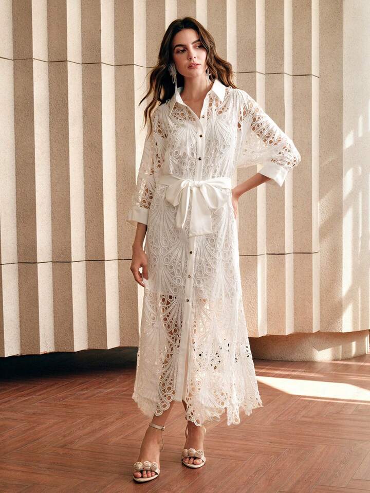 CM-DS168582 Women Elegant Seoul Style Collar Neckline Mid-Sleeve Lace Embroidered Midi Dress - White