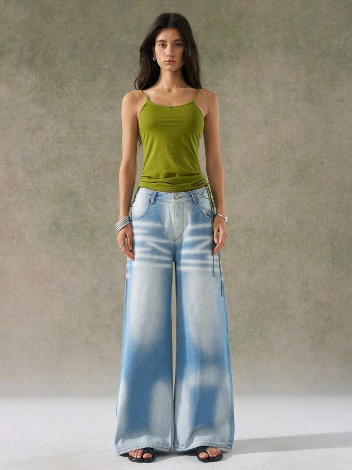 CM-BS636054 Women Casual Seoul Style All-Over Print Washed Distressed Wide-Leg Jeans - Blue