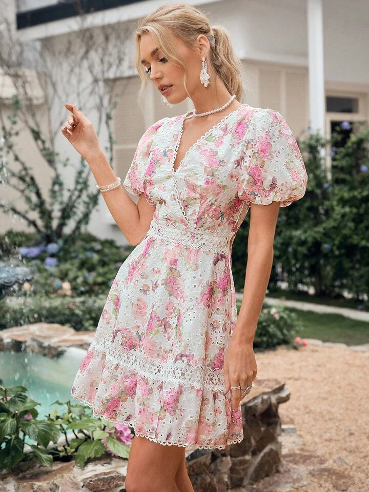 CM-DS571115 Women Trendy Bohemian Style Hollow Out Embroidered Floral Lace Patchwork Puff Sleeve Dress