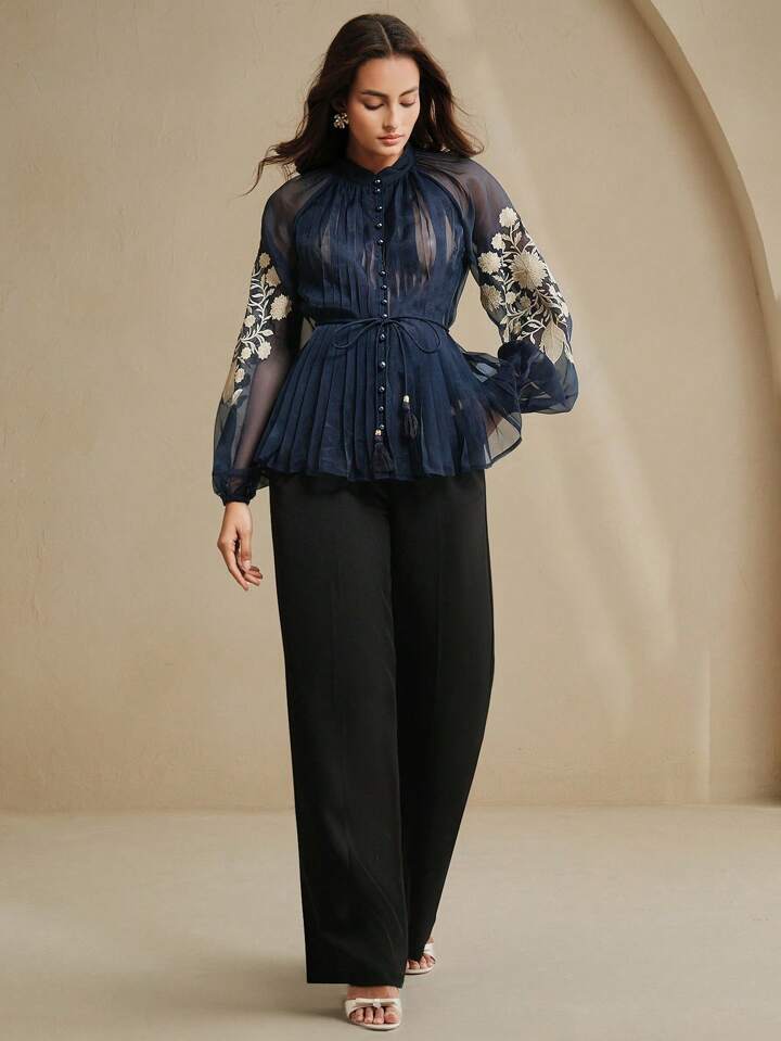 CM-TS591697 Women Elegant Seoul Style Stand Collar Long Sleeve Pleated Embroidered Tie Waist Blouse - Navy Blue