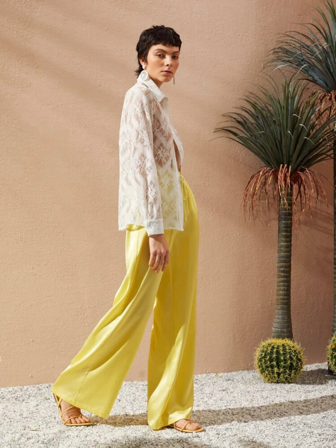 CM-BS349899 Women Trendy Bohemian Style Drawstring Waist Slant Pocket Satin Pants - Yellow