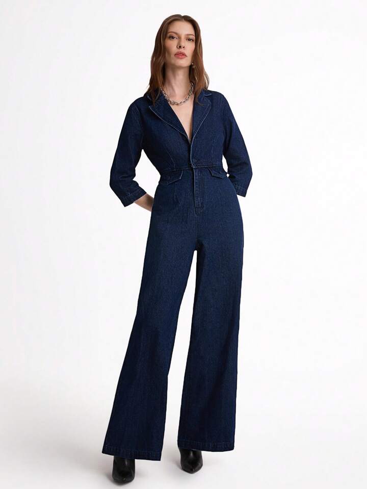 CM-JS431694 Women Casual Seoul Style Dark Wash Lapel Neckline 3/4 Sleeve Denim Flare Jumpsuit