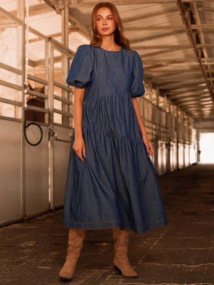 CM-DS516866 Women Trendy Bohemian Style Medium Wash Round Neck Puff Sleeve Asymmetrical Tiered Denim Midi Dress