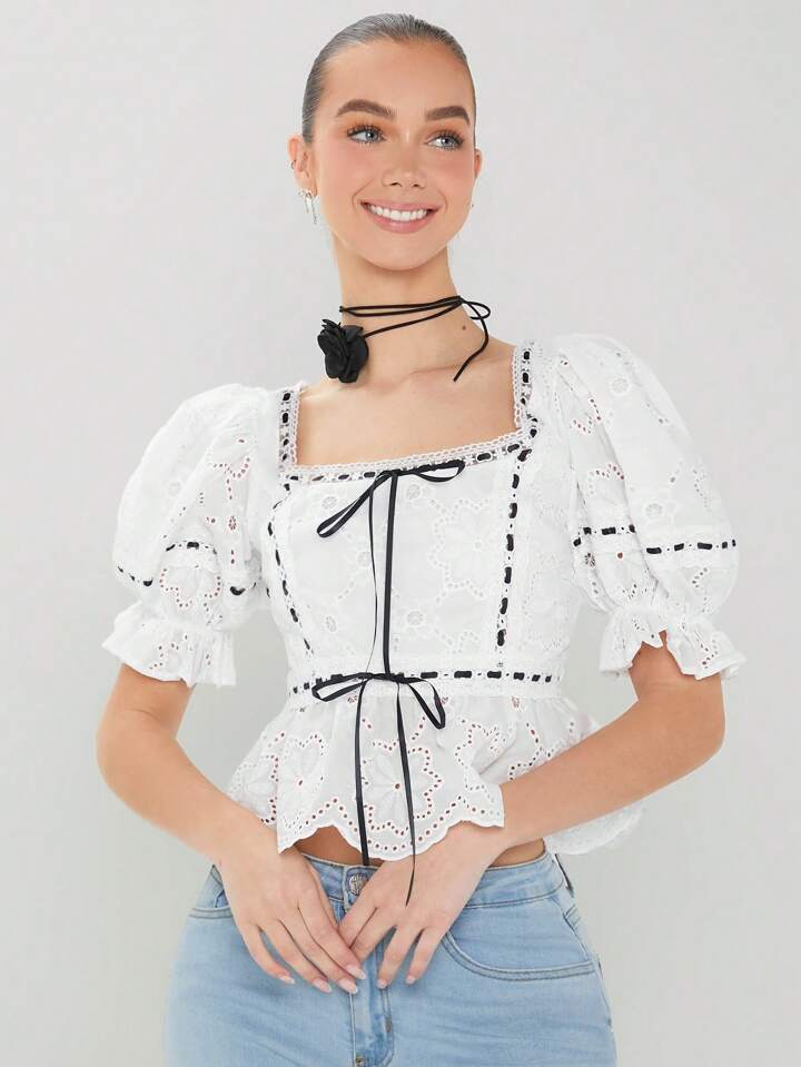 CM-TS202231 Women Trendy Bohemian Style Hollow Out Embroidery Lace Up Square Neck Blouse