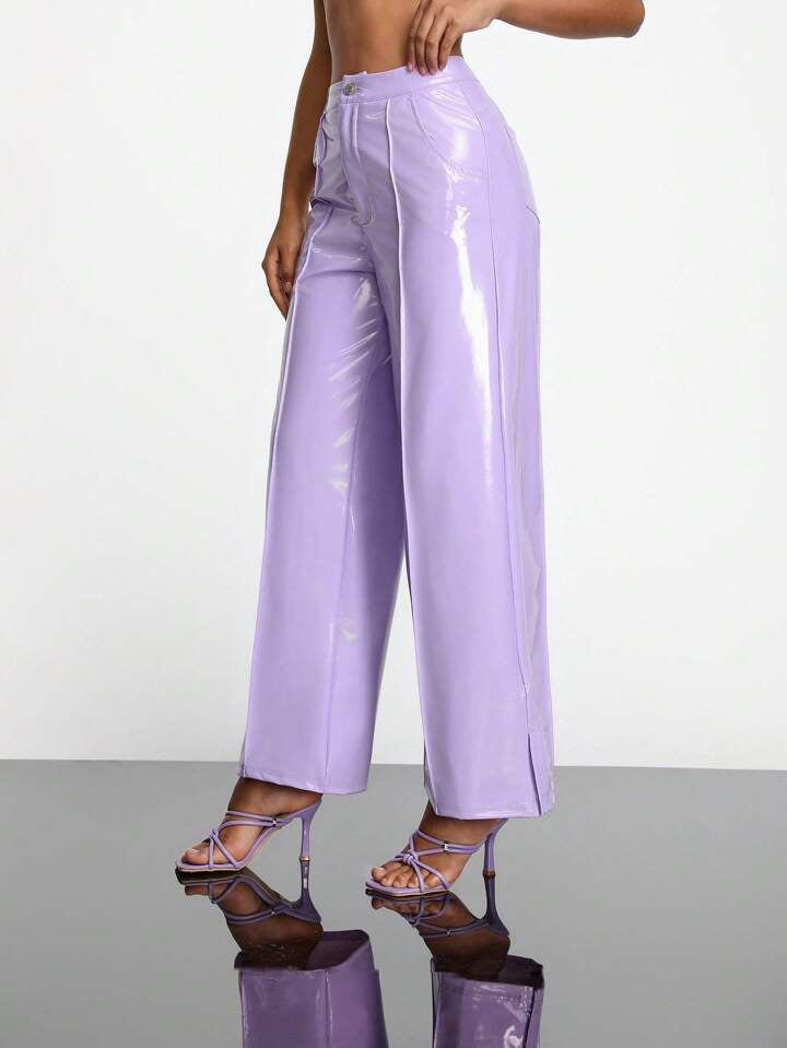 CM-BS006433 Women Casual Seoul Style High Waist PU Leather Pants With Pockets - Lilac Purple