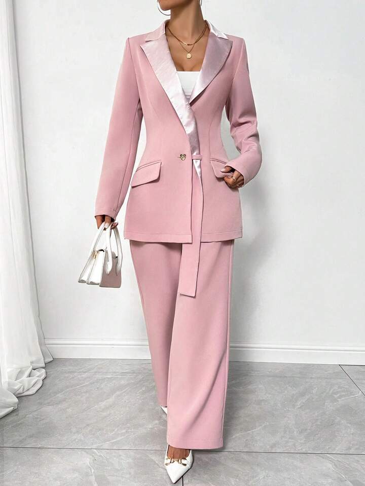 CM-SS787138 Women Elegant Seoul Style Colorblock Lapel Neckline Long Sleeve Blazer Jacket With Pants Suit - Pink