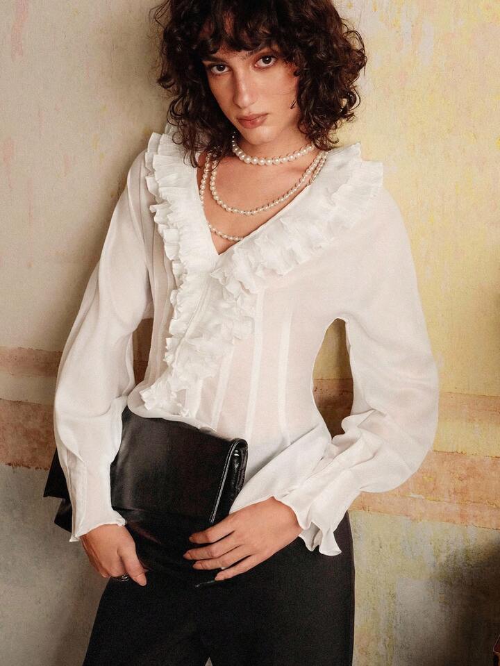 CM-TS335916 Women Elegant Seoul Style Chiffon Fabric V-Neck Long Sleeve Waist Pleated Double Ruffle Collar Design Shirt
