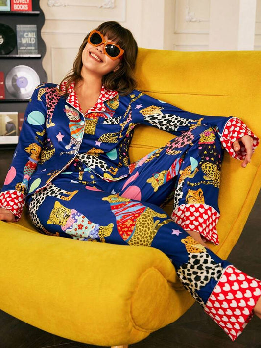 CM-LS514101 Women Trendy Seoul Style Printed Long Sleeve Button Up Top With Pants Pajama Set - Royal Blue
