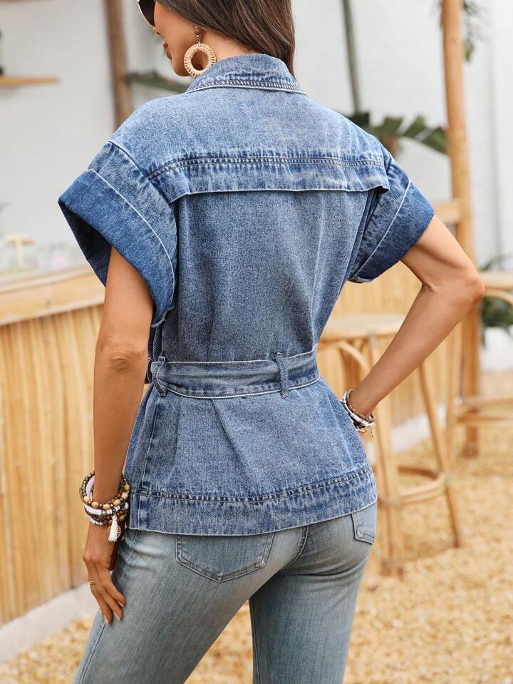 CM-CS427894 Women Casual Seoul Style Medium Wash Collar Neckline Short Sleeve Denim Jacket