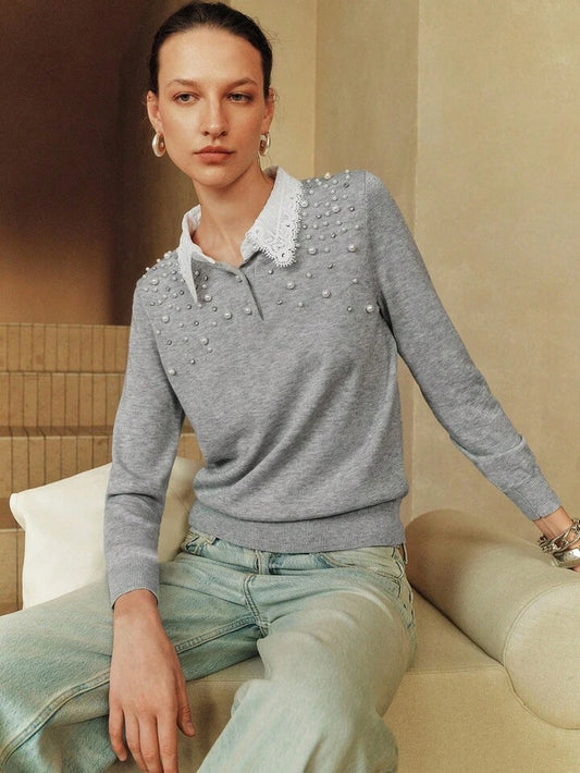 CM-CS224992 Women Elegant Seoul Style Contrast Lace Asymmetrical Gradient Bubble Beads Decor Sweater