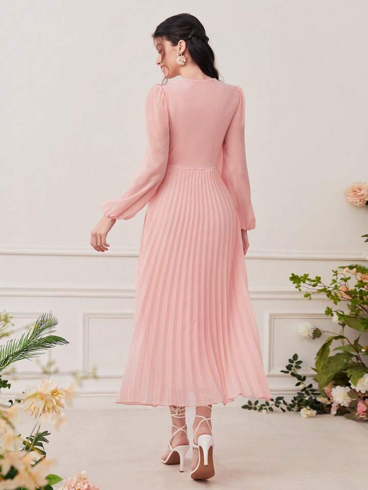 CM-DS466236 Women Elegant Seoul Style Surplice V-Neck High Waist Pleated Hem A-Line Dress - Dusty Pink